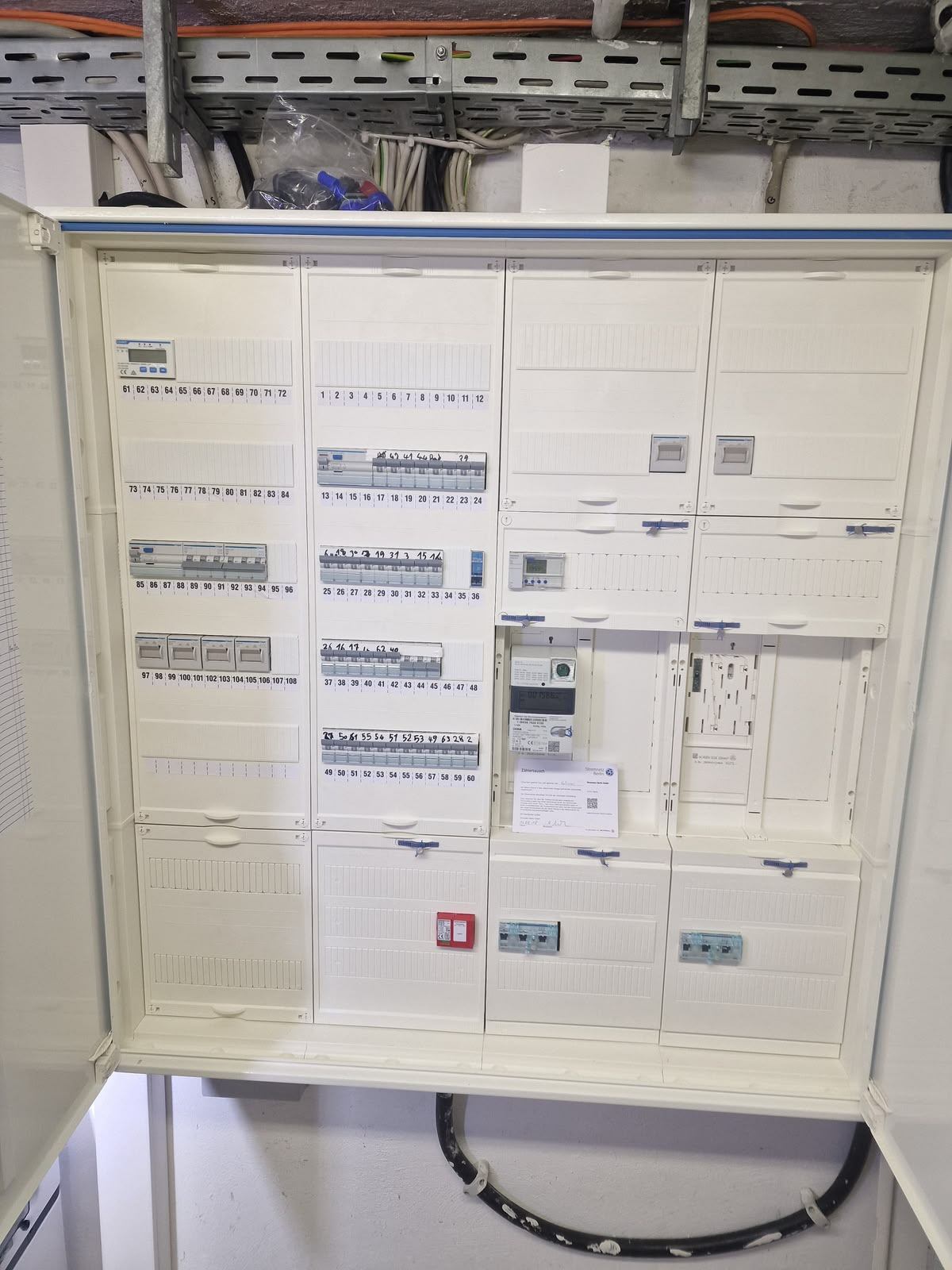 Geöffnete Elektroverteilung mit Schaltern und Zählerbereich